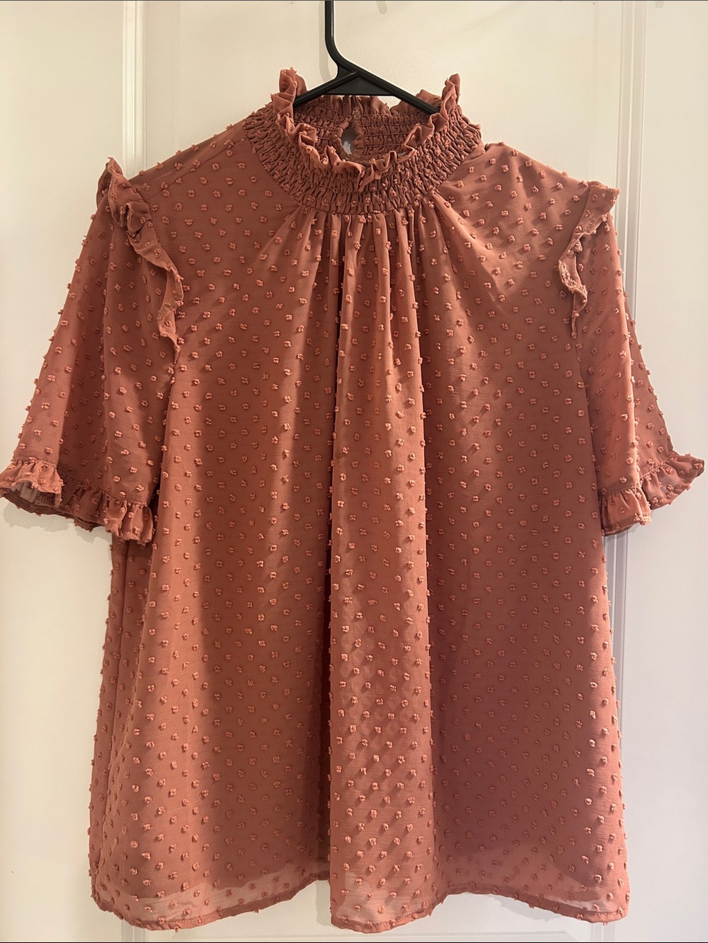 Smocked High-Neck Rust Swiss Dot Blouse